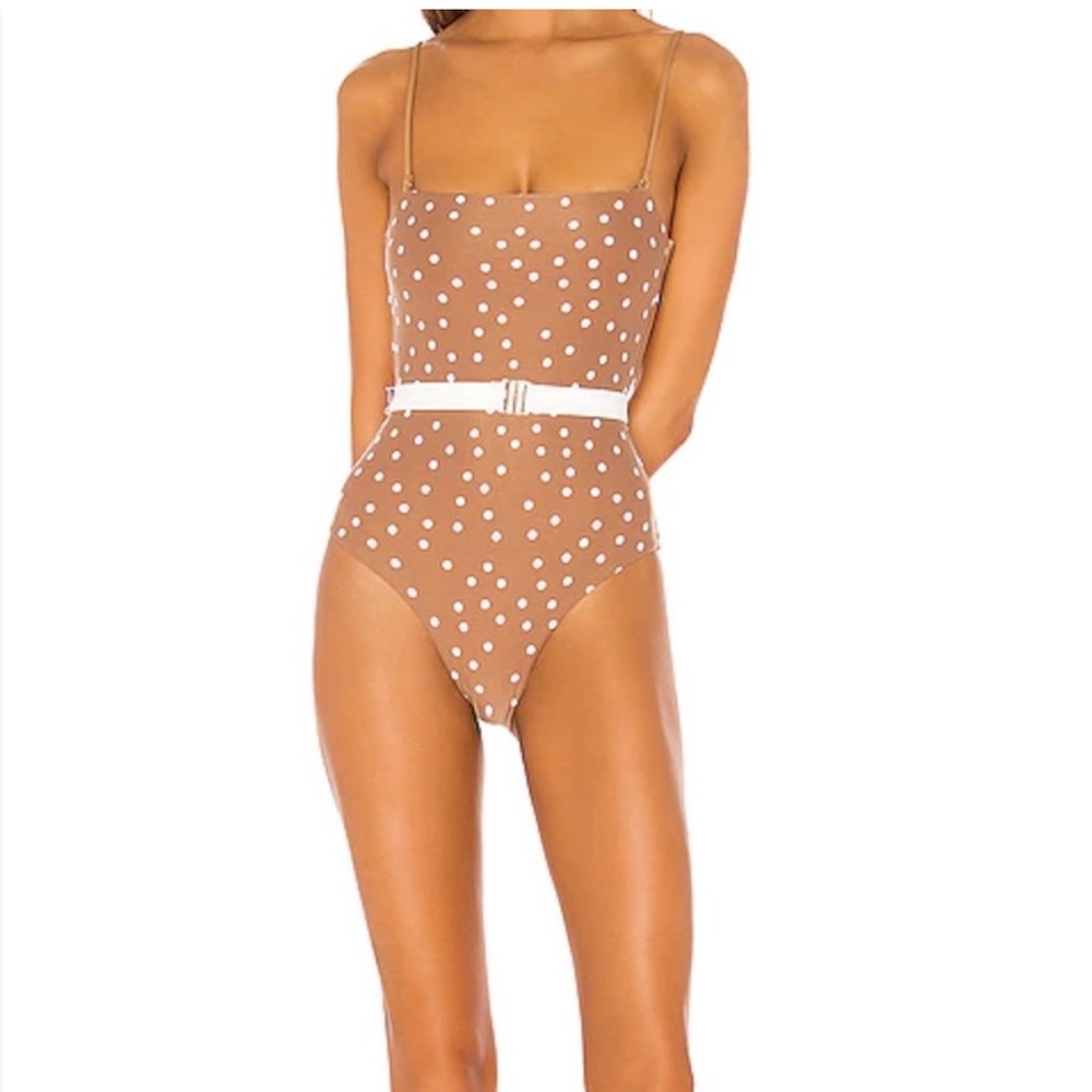 LSpace one piece swimsuit polka dot with belt tan and white size 4 new